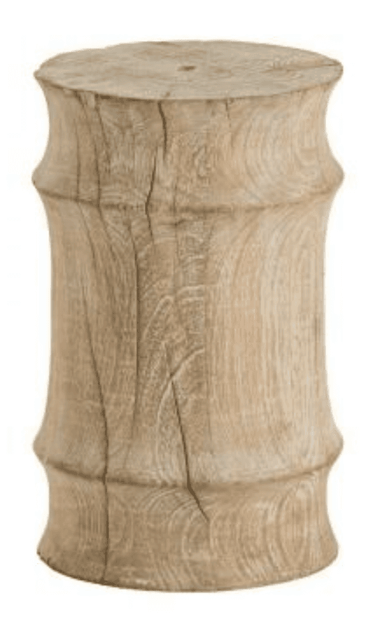A cylindrical stool carved from a single piece of wood. The top surface is flat and circular. The body of the stool tapers inwards and then outwards, resembling segments of a bamboo stalk or a barrel shape. The wood exhibits natural grain patterns and is weathered, with visible cracks and a light, washed-out finish. — 3D model