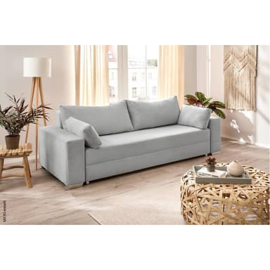 A modern two-seater sofa upholstered in a light grey ribbed fabric, featuring wide rectangular arms and back, accompanied by two back cushions and two cylindrical bolster pillows. — 3D model