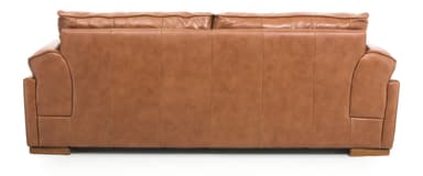 A two-seater sofa upholstered in rich camel-colored leather, featuring plush, relaxed cushions, rolled arms, and subtle wooden block feet. — 3D model