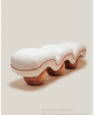 A contemporary bench with a wavy, bulbous white upholstered seat. The seat is supported by three spherical wooden legs with a natural finish. A thin red line accents the underside of the upholstered seat, following its undulating form. — 3D model