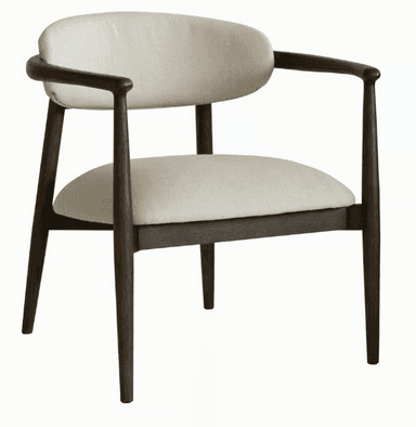 A wooden armchair with upholstered seat and backrest. The armchair features a curved, open back design and curved armrests. The legs are tapered and angled, providing a stable base. The upholstery is a light, neutral fabric. — 3D model