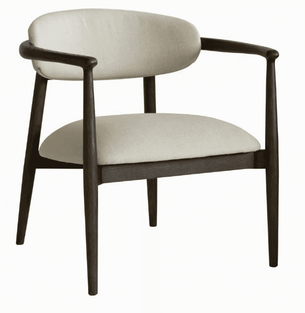 A wooden armchair with upholstered seat and backrest. The armchair features a curved, open back design and curved armrests. The legs are tapered and angled, providing a stable base. The upholstery is a light, neutral fabric. — 3D model