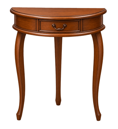 A traditional half-round wooden console table featuring a single drawer with an antique brass pull and three elegant cabriole legs, finished in a medium cherry stain. — 3D model