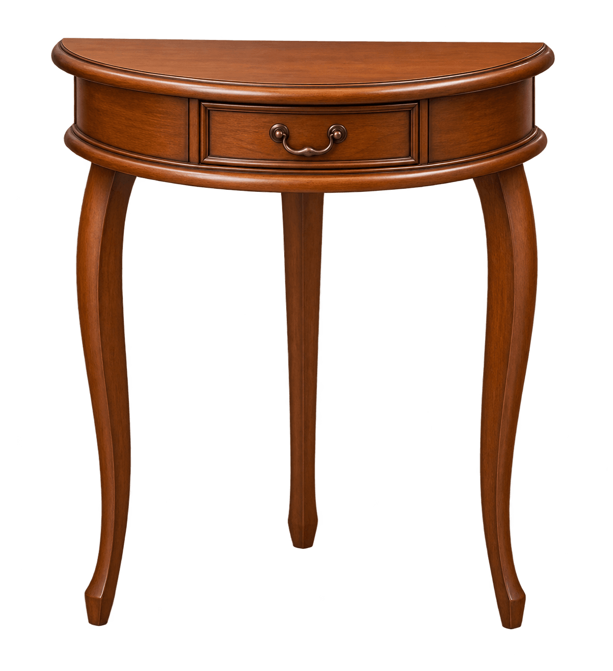 A traditional half-round wooden console table featuring a single drawer with an antique brass pull and three elegant cabriole legs, finished in a medium cherry stain. — 3D model