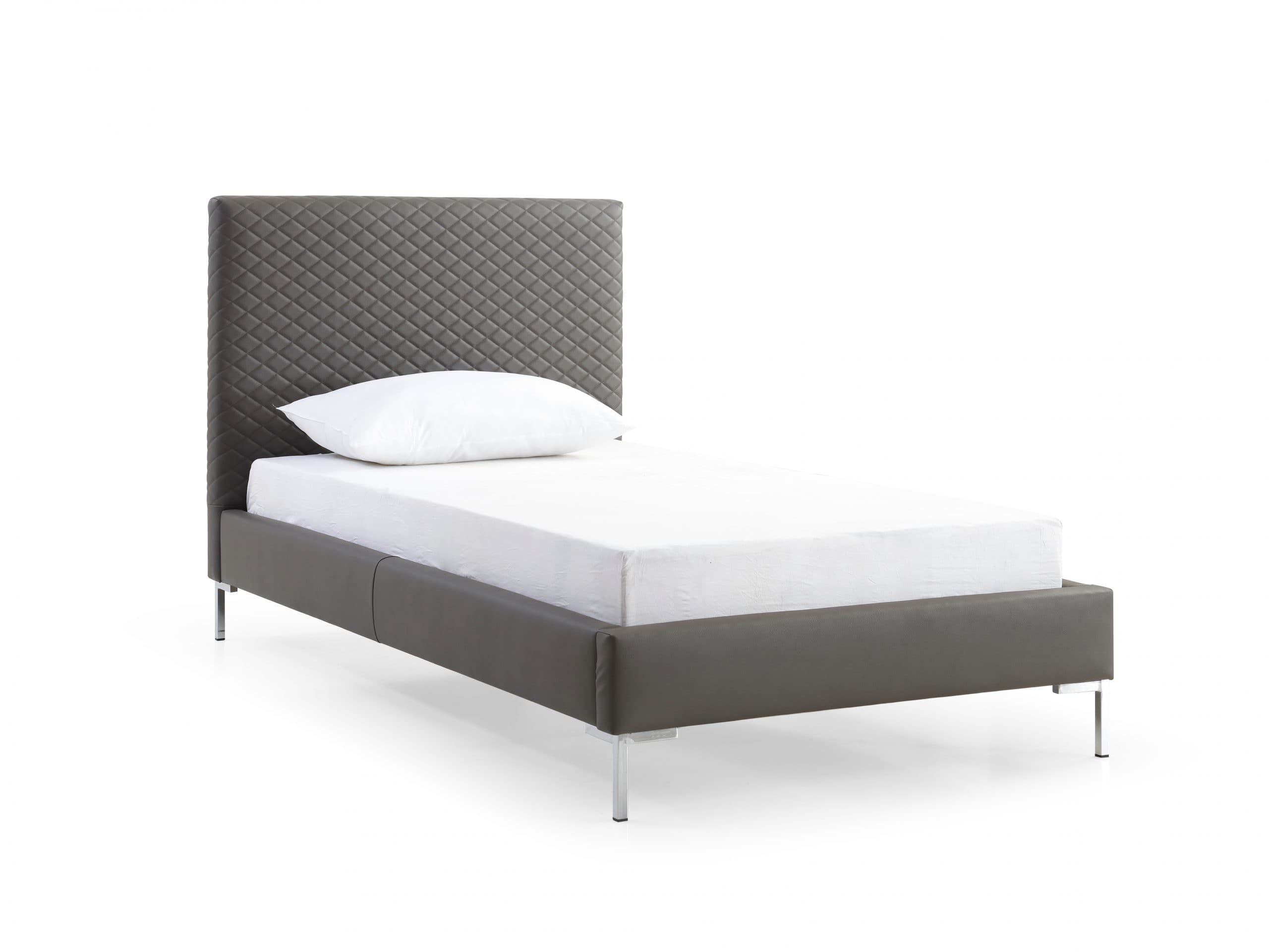 A modern single bed featuring a tall, rectangular headboard and frame upholstered in a dark grey material. The headboard is distinguished by a diamond-quilted pattern, while the bed frame is smooth. The bed is supported by short, sleek, polished metal legs. — 3D model