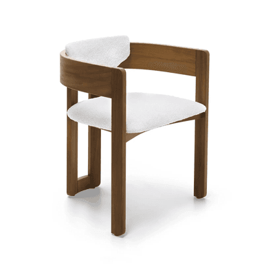 A contemporary armchair featuring a robust wooden frame with a medium-brown finish. The chair incorporates a U-shaped curved backrest that seamlessly merges into the armrests. The seat and inner backrest are upholstered in a light, textured, possibly boucle fabric, providing a soft contrast to the warm wood. The front legs are squared and connected by a lower stretcher, while the rear legs are separate, providing a sturdy base. — 3D model