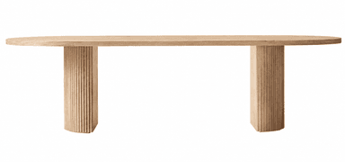 An oval coffee table crafted from light natural oak wood, featuring a smooth, elongated top supported by two substantial U-shaped pedestal bases with fluted exterior surfaces. — 3D model