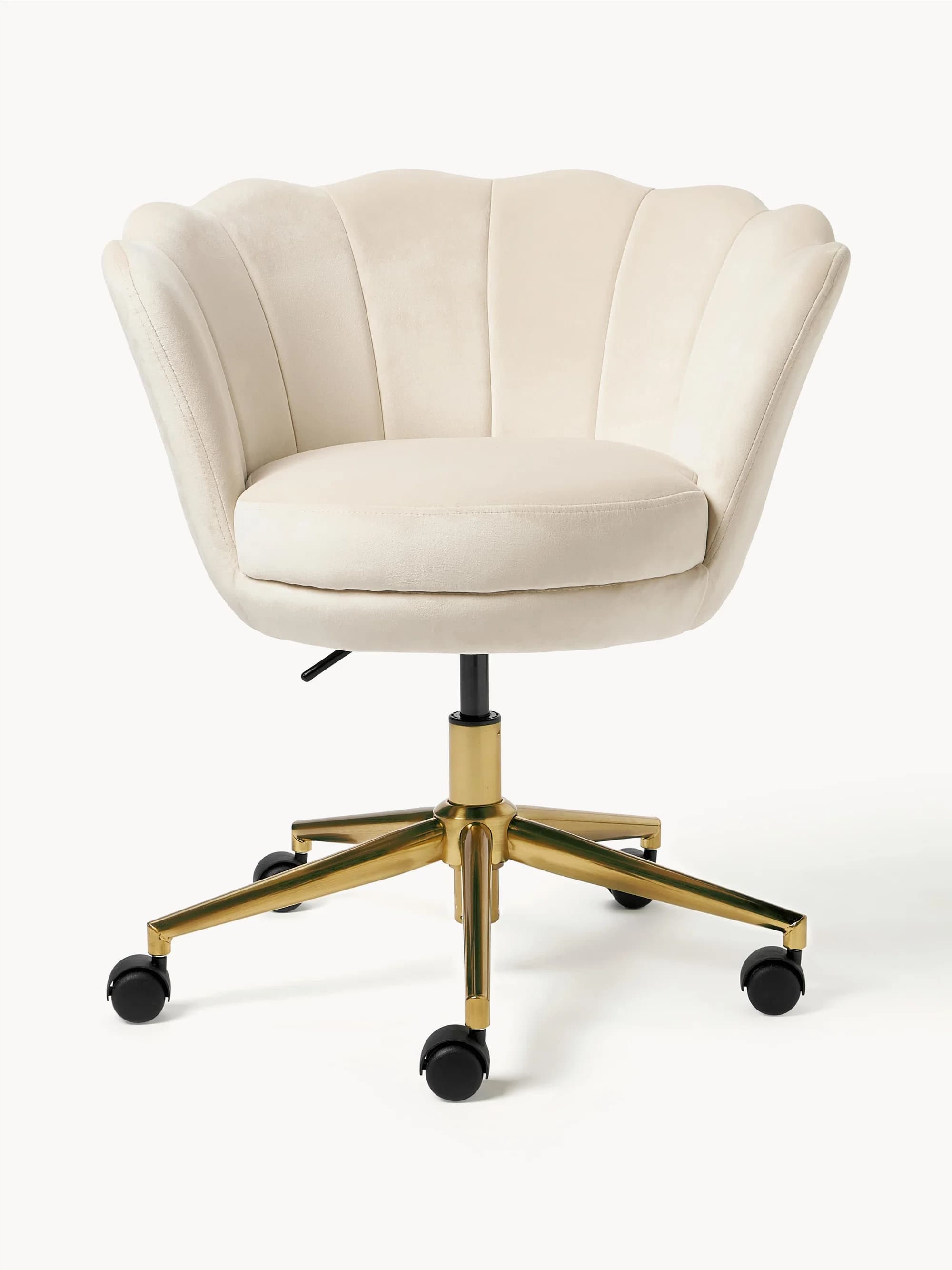 A cream-colored velvet office chair featuring a distinctive scalloped backrest design and a plush round seat cushion. It is supported by a polished gold-tone five-star base equipped with black casters, offering swivel and height adjustment capabilities. — 3D model