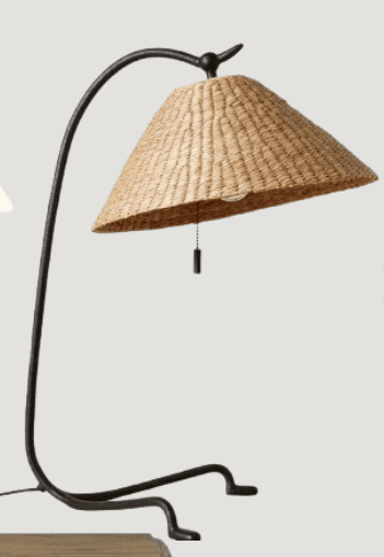 A table lamp featuring a dark, curved wrought iron frame and a conical woven shade made from natural fibers. It has a pull chain for operation and rests on an organically shaped metal base. — 3D model
