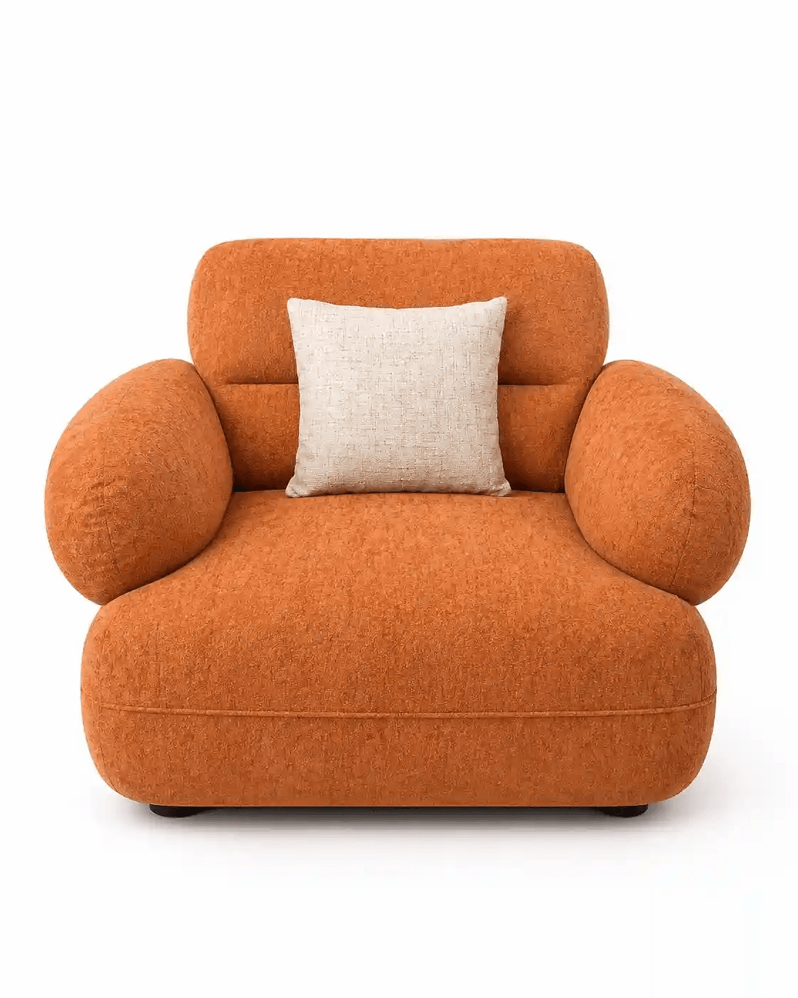 An armchair with a rounded, bulbous design. It features thick, plush upholstery in an orange textured fabric. The armchair has integrated armrests that flow seamlessly into the backrest, and a low profile. A single square accent pillow with a neutral-toned textured fabric is placed on the seat. The base has small, dark legs that are barely visible. — 3D model