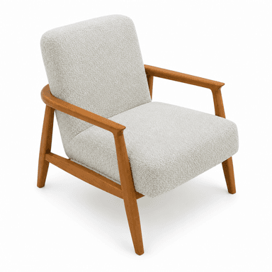 A modern upholstered armchair featuring a light-colored, textured boucle fabric and a visible wooden frame with tapered legs. — 3D model