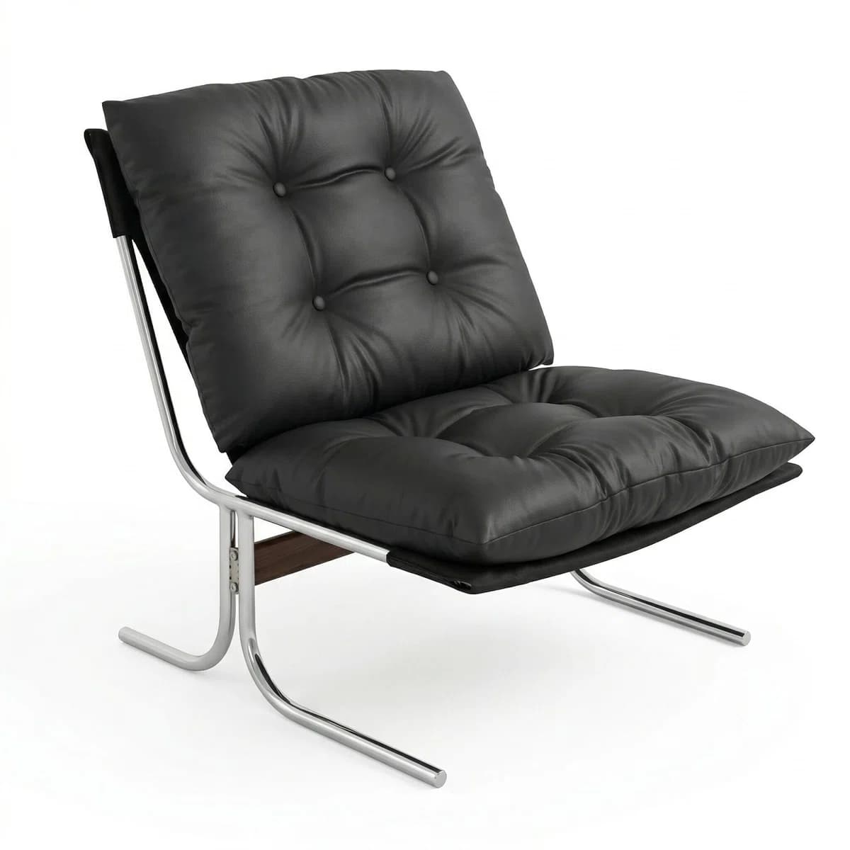 A modern lounge chair featuring a minimalist chrome sled base and thick, tufted black leather cushions. The backrest and seat cushions are button-tufted, providing a structured yet plush appearance. The frame consists of bent chrome tubing, forming a continuous sled base that extends upwards to support the backrest, with a subtle dark wood element visible underneath the seat pan. The overall design emphasizes clean lines and a low profile. — 3D model