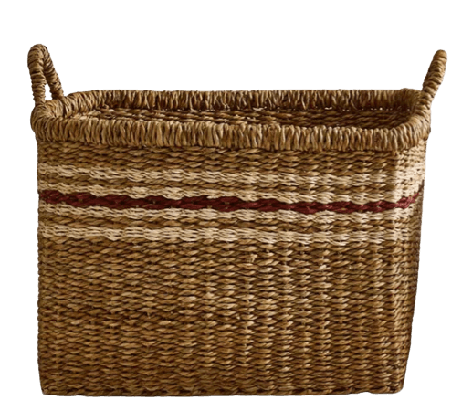 A rectangular woven basket with two loop handles. The basket features horizontal bands of alternating natural straw and a reddish-brown stripe. — 3D model