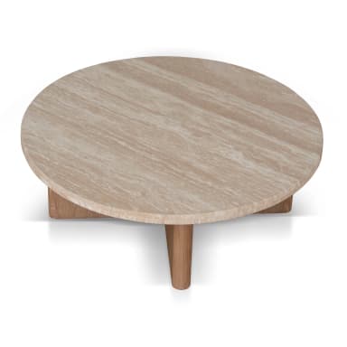 A round coffee table with a thick, light-colored stone top and a solid wooden base. The base features a cross-shaped pedestal with curved, rectangular supports that connect to the underside of the tabletop. — 3D model