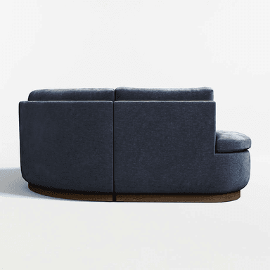 A modular sectional sofa upholstered in a dark blue textured fabric. The configuration includes at least two seat modules and a corner unit with a rounded chaise extension. The base of the sofa features a dark wood trim, likely veneer, with a slight curve that complements the overall design. The cushions are plush, and the backrests are integrated into the seat modules, with one angled backrest on the corner unit. — 3D model