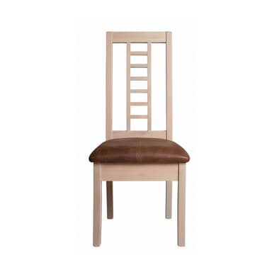 A light-toned wooden dining chair featuring a slatted backrest and a padded, brown upholstered seat. — 3D model