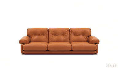 A contemporary three-seater sofa upholstered in tan leather, featuring three individual seat cushions and three corresponding back cushions. The back cushions are distinctively tufted, and the armrests are softly rolled, providing a plush and inviting appearance. The sofa's base is concealed, giving it a low-profile stance. The overall design emphasizes comfort with its ample padding and smooth leather finish. — 3D model