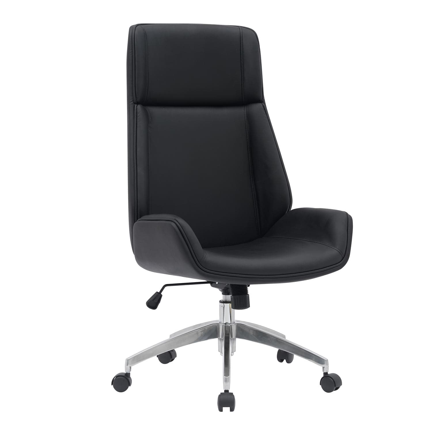 A modern high-back executive office chair upholstered in black material, featuring a padded seat, backrest, and integrated armrests, supported by a polished chrome five-star base with casters. — 3D model