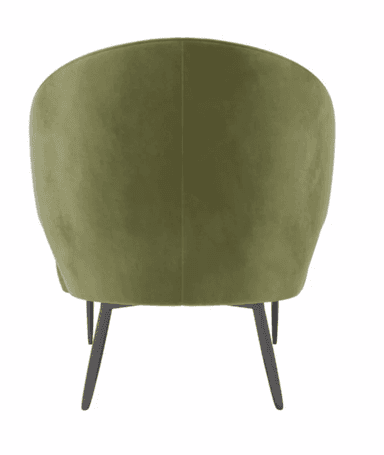 A modern armchair with a rounded back and integrated armrests, upholstered in a soft, olive-green velvet fabric. The chair features a plush seat cushion and a contoured backrest. It is supported by four slender, tapered legs in a dark finish. — 3D model