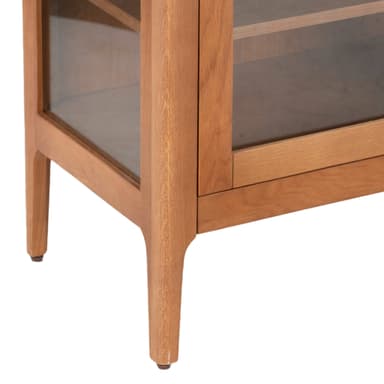 A rectangular display cabinet featuring a white marble top, light-toned wooden construction, and two framed glass doors. The cabinet stands on four tapered legs and includes internal shelving. — 3D model