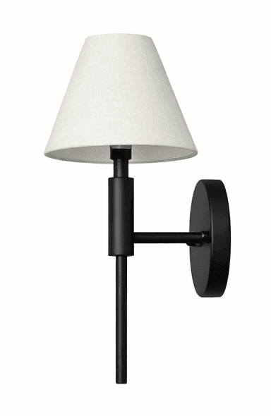 A wall-mounted lighting fixture featuring a conical fabric shade and a matte black metal frame, designed for ambient or task illumination. — 3D model