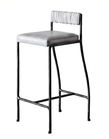 A bar stool with a black metal frame and a cushioned seat and backrest. The seat is upholstered in a light gray material. The backrest is narrow and features a striped pattern in white and grey, with the stripes running horizontally. — 3D model