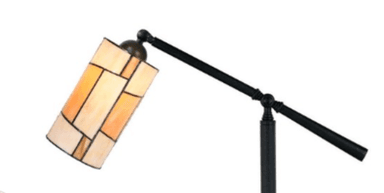 An adjustable floor lamp featuring a black metal base and stem, and a rectangular-shaped shade constructed from stained glass panels in amber, cream, and orange hues, arranged in a geometric pattern. The lamp's arm can be angled, directing light from the Tiffany-style shade. — 3D model