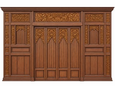 A freestanding, ornate wooden room divider or decorative wall panel, characterized by extensive, intricate carvings and multi-panel construction. The structure features a rich, medium-brown wood finish and a classical, traditional design. — 3D model