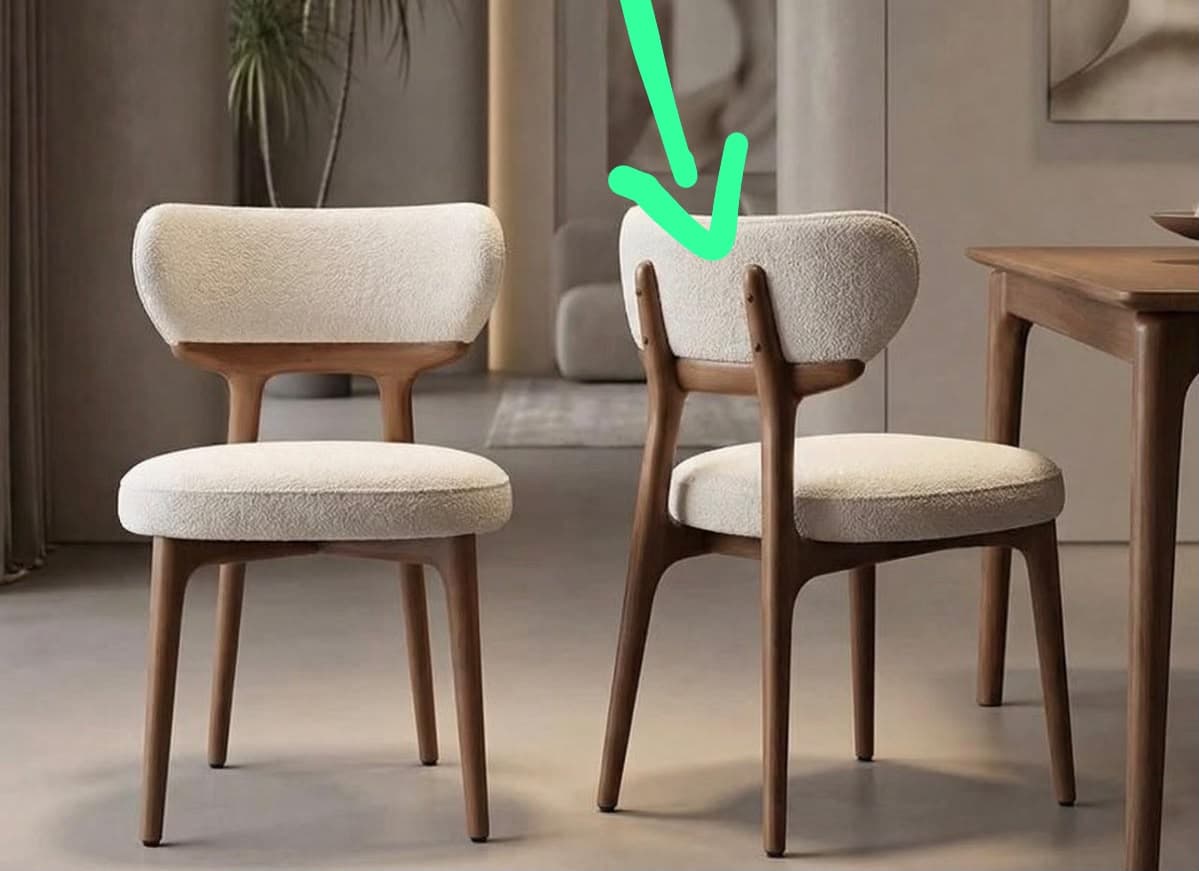 A contemporary dining chair featuring a light-colored, textured boucle fabric upholstery on both the seat and the distinctively curved backrest. The backrest appears to 'float,' supported by a visible wooden frame that extends into four tapered wooden legs. The design emphasizes clean lines and a minimalist yet inviting aesthetic. — 3D model