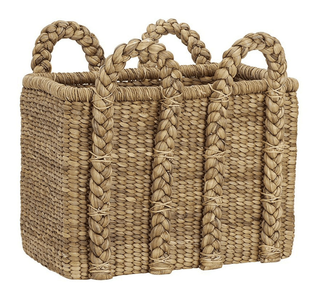 A square-shaped basket with a woven texture. It features four braided handles that arch upwards from the rim. The sides of the basket are reinforced with vertical braided strands, secured with thinner twine. The material appears to be natural fiber, possibly water hyacinth or seagrass. — 3D model
