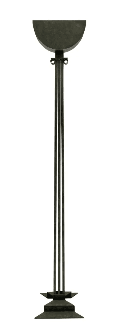 A floor lamp with a dark, semi-circular shade supported by a slender, multi-stemmed shaft. The base is geometric and multi-tiered, also in a dark finish. The overall design suggests an art deco or modernist aesthetic. — 3D model