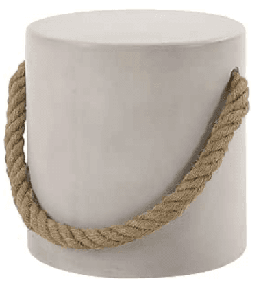 A cylindrical, light gray, concrete or composite stool featuring a thick, braided natural fiber rope handle threaded through two holes near the top edge. — 3D model