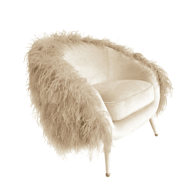 A plush armchair upholstered in a cream-colored velvet fabric. The chair features a rounded, open back and is heavily embellished with fluffy, light brown feathers along the entire outer edge of the back and armrests. It has a single, thick seat cushion and tapers to four slender, angled legs, each tipped with a small gold accent. — 3D model