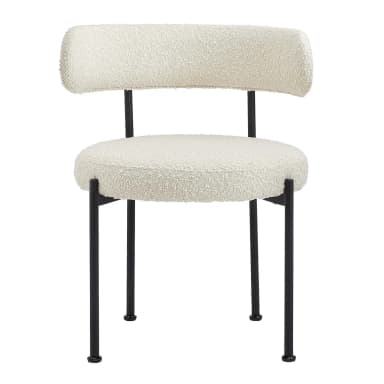 A modern armless chair featuring a rounded, padded seat and a cylindrical, horizontal backrest, both upholstered in a cream-colored boucle fabric. It rests on four slender, black metal legs. — 3D model