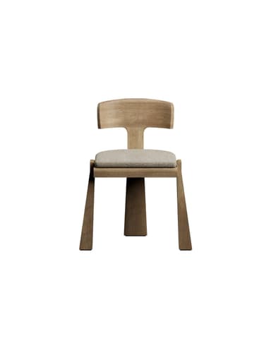 A modern wooden chair featuring a minimalist design. It has a light-colored wood frame with thick, angular, and tapered legs. The backrest is integrated into the frame, curving gently to offer support, and it is complemented by a light-colored, padded fabric seat cushion. The chair's aesthetic is clean and contemporary. — 3D model