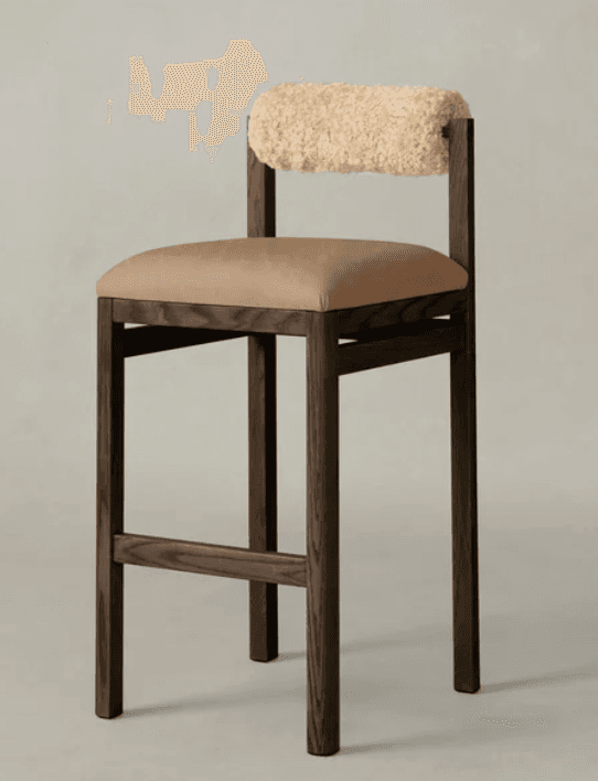 A modern bar stool with a dark wood frame. The seat is upholstered in a smooth, neutral-toned fabric, and the backrest features a textured, cream-colored material resembling sheepskin or shearling. — 3D model