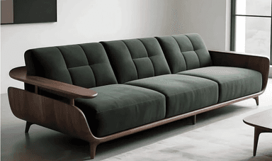 A three-seater sofa featuring a distinctive exposed dark wood frame that encompasses the back and arms. The upholstery is a rich dark green velvet or similar plush fabric, with tufted back cushions and separate, non-tufted seat cushions. The sofa is supported by slender, tapered wooden legs, contributing to a sleek and sophisticated aesthetic. — 3D model