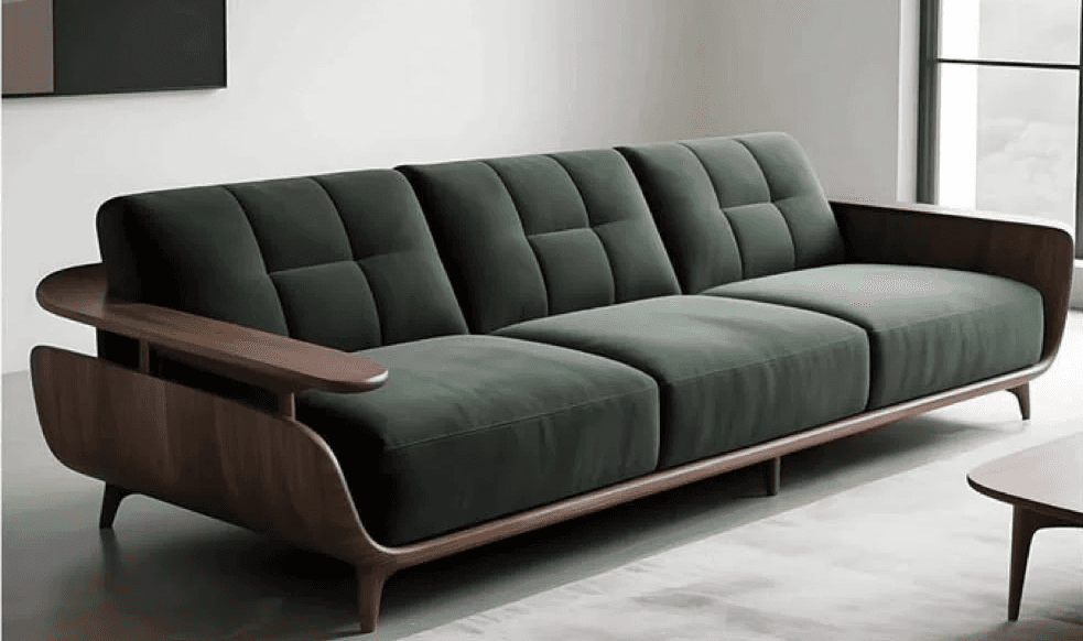 A three-seater sofa featuring a distinctive exposed dark wood frame that encompasses the back and arms. The upholstery is a rich dark green velvet or similar plush fabric, with tufted back cushions and separate, non-tufted seat cushions. The sofa is supported by slender, tapered wooden legs, contributing to a sleek and sophisticated aesthetic. — 3D model