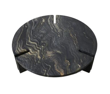 A circular side table crafted entirely from a richly veined dark stone, featuring intricate patterns of black, grey, gold, and brown. The tabletop has three radial cutouts, one of which extends downwards to form an integrated two-legged base structure, giving the piece a monolithic and sculptural appearance. — 3D model