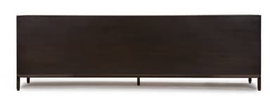 A long, low contemporary credenza featuring a dark-stained wood body with an intricately carved, undulating abstract pattern across its multiple door fronts, supported by a minimalist dark metal frame and slender legs. — 3D model