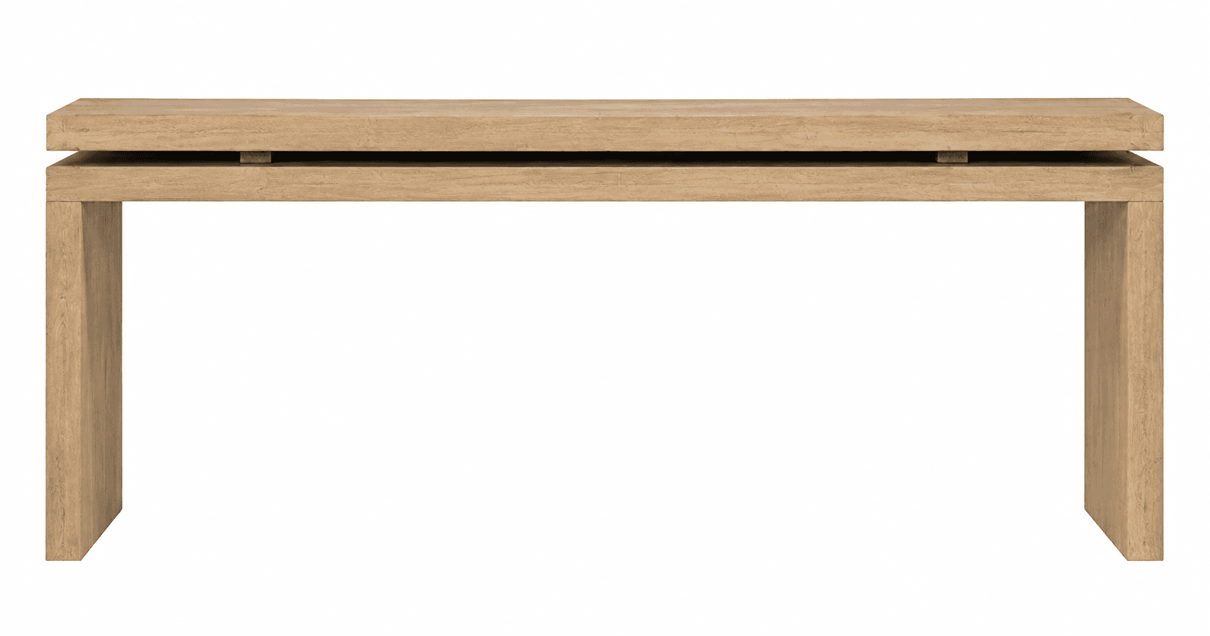 A modern console table crafted from light-toned wood, featuring a distinctive floating top design. The table consists of a broad, flat rectangular top surface that appears to hover above a lower, narrower supporting beam, connected by subtle risers. Two substantial, rectangular legs descend directly from the lower beam to the floor, creating a clean, monolithic profile. The wood displays a visible grain and a light, perhaps natural or bleached finish. — 3D model