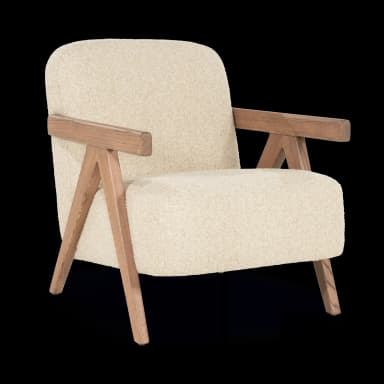 A modern armchair with a plush, textured upholstery and a distinctive wooden frame. The frame features angled legs and armrests, creating a unique visual appeal. The seat and backrest are generously padded for comfort. — 3D model