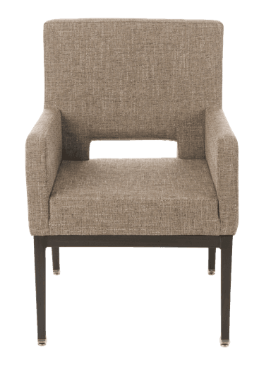 An upholstered chair featuring a rectangular cutout in the backrest and a dark wooden frame, suitable for dining or accent use. — 3D model