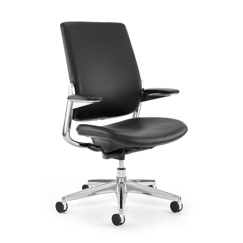A modern, ergonomic office chair with a black leather seat and backrest. It features polished metal armrests and a five-star base with casters for mobility. The chair has an adjustable height mechanism. — 3D model