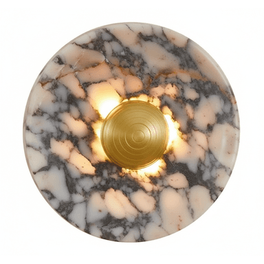 A circular wall sconce featuring a polished white and grey veined marble backplate with a central, circular brass element that emits light. The brass element has a subtle concentric ring pattern, acting as a diffuser. The light source creates a warm glow around the brass and against the marble surface. — 3D model