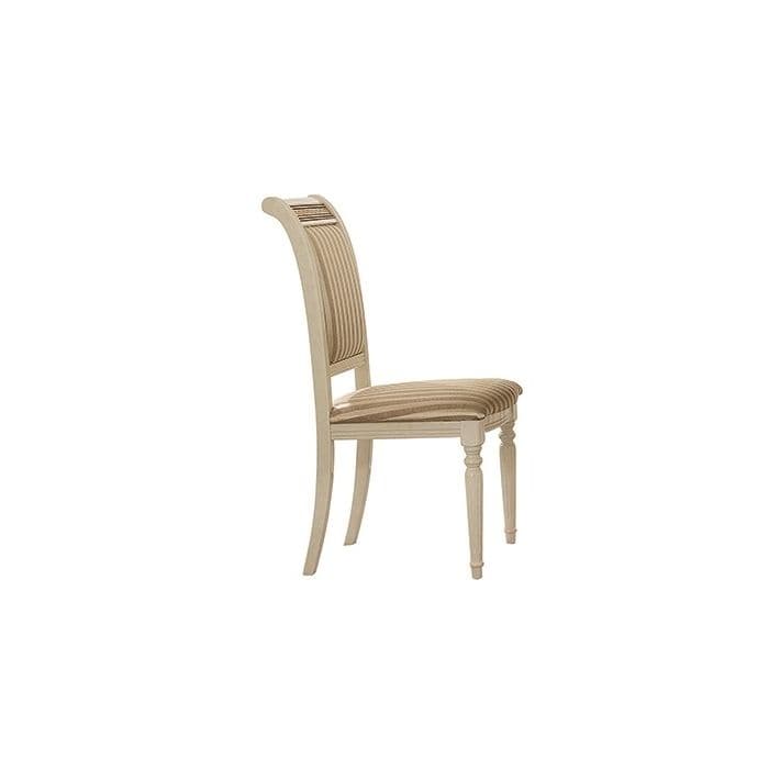 A dining chair with a light-colored wooden frame and a striped upholstered seat and backrest. The chair features a gracefully curved back with a subtle carved detail at the top, and four turned legs. The upholstery is a striped fabric in shades of beige, tan, and brown. — 3D model