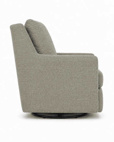 A contemporary upholstered armchair featuring a swivel base and a light grey textured fabric. The chair has a clean, minimalist silhouette with track arms and a separate back cushion. — 3D model