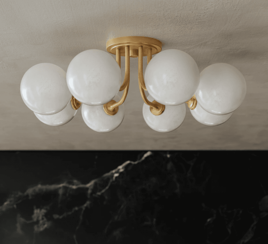 A modern ceiling-mounted chandelier featuring a gold-toned metal base and arm structure. The fixture has eight spherical frosted glass shades arranged in two tiers, creating a clustered effect. The overall design is minimalist and contemporary. — 3D model