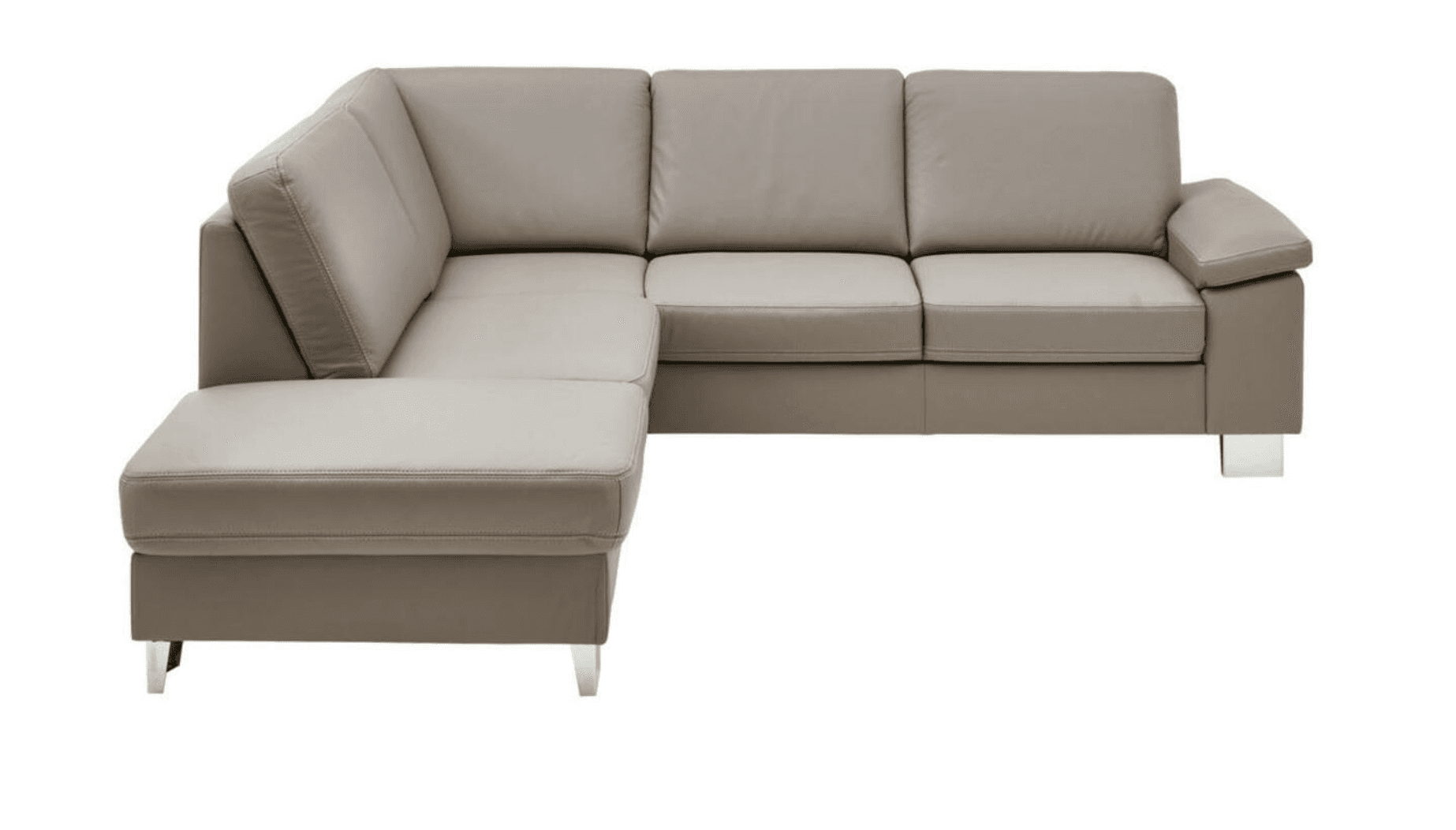 A modern L-shaped sectional sofa with an integrated chaise lounge, upholstered in a taupe-colored faux leather, resting on polished metal feet. — 3D model
