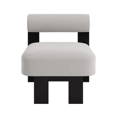 An upholstered stool featuring a dark wood frame and light gray fabric, designed with a low seat and a cylindrical backrest. — 3D model